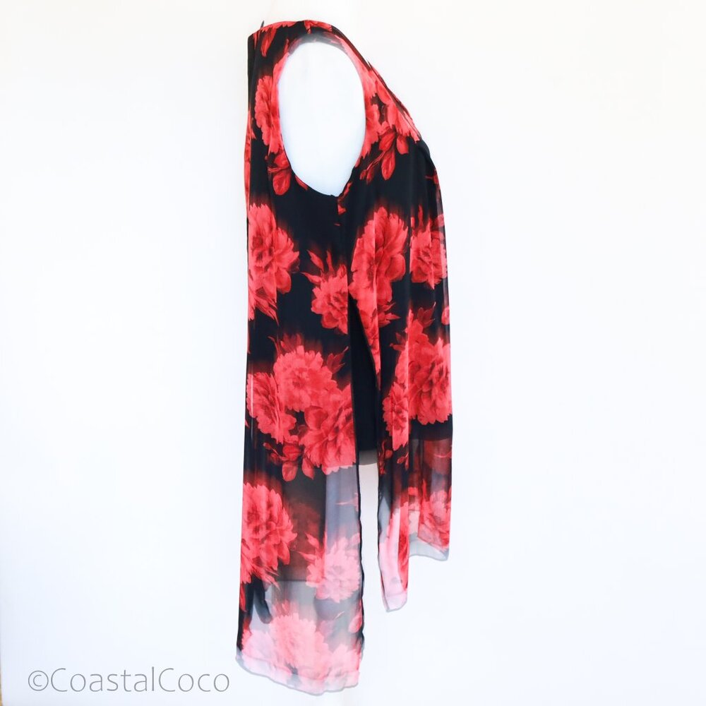 Adele & May Sheer Floral Layered Blouse L Chiffon Red Roses Flowy Work Cocktail